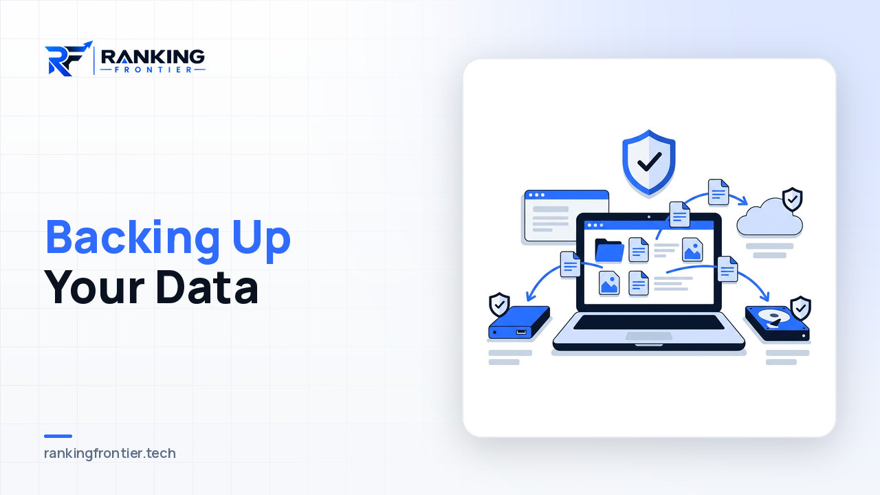 Illustration of files copying from a laptop to an external drive, a cloud and an offsite drive, representing the 3-2-1 data backup rule