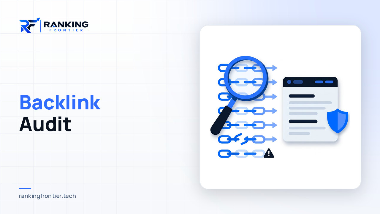 Illustration of a magnifying glass inspecting incoming backlinks to a website, with two links flagged as toxic, representing a backlink audit