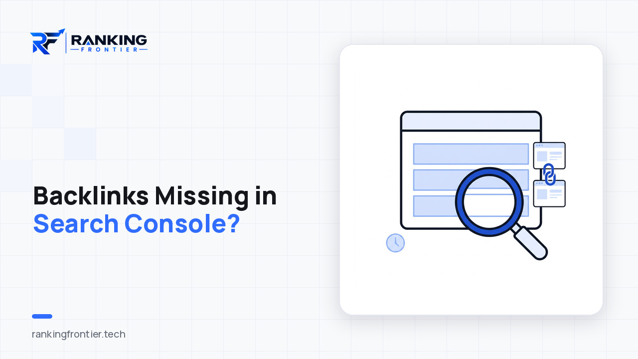 Illustration of a Search Console style report window with a magnifying glass over an empty row, beside a chain link connecting two small web pages, representing a backlink that is live but not yet shown in Google Search Console