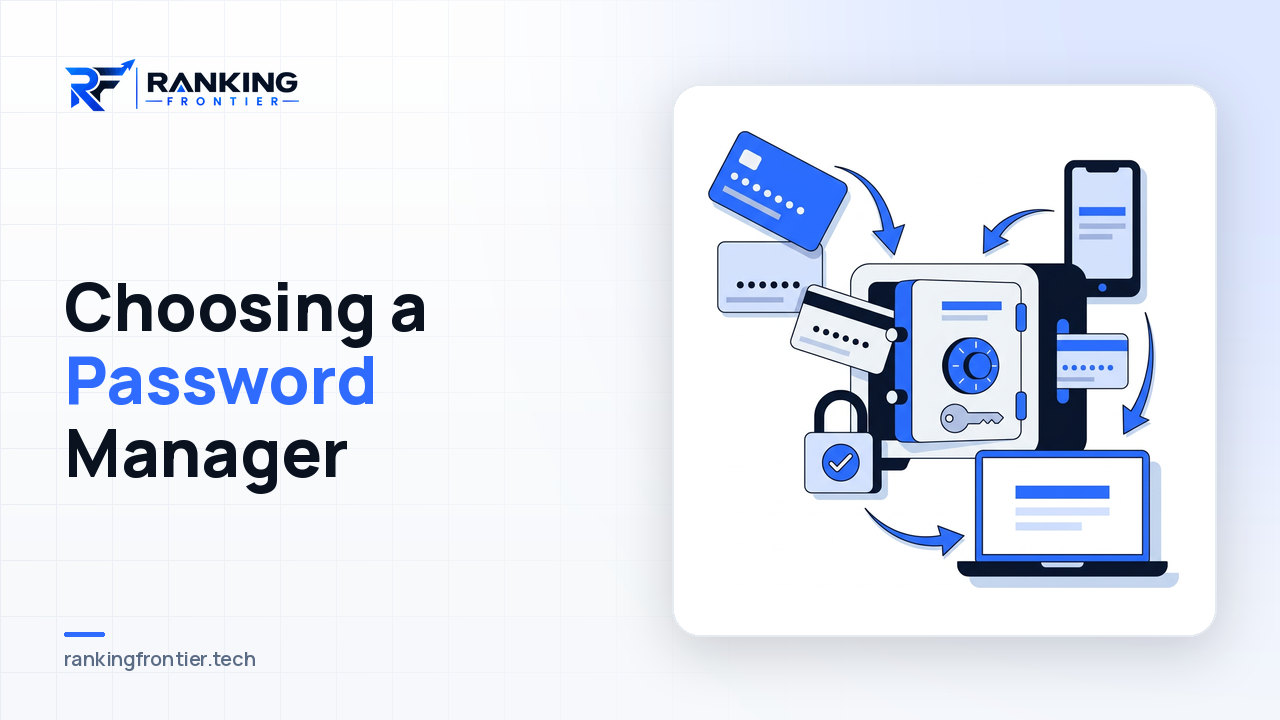 Illustration of credential cards flowing into a secure vault with a key and padlock, synced between a phone and laptop, representing choosing a password manager