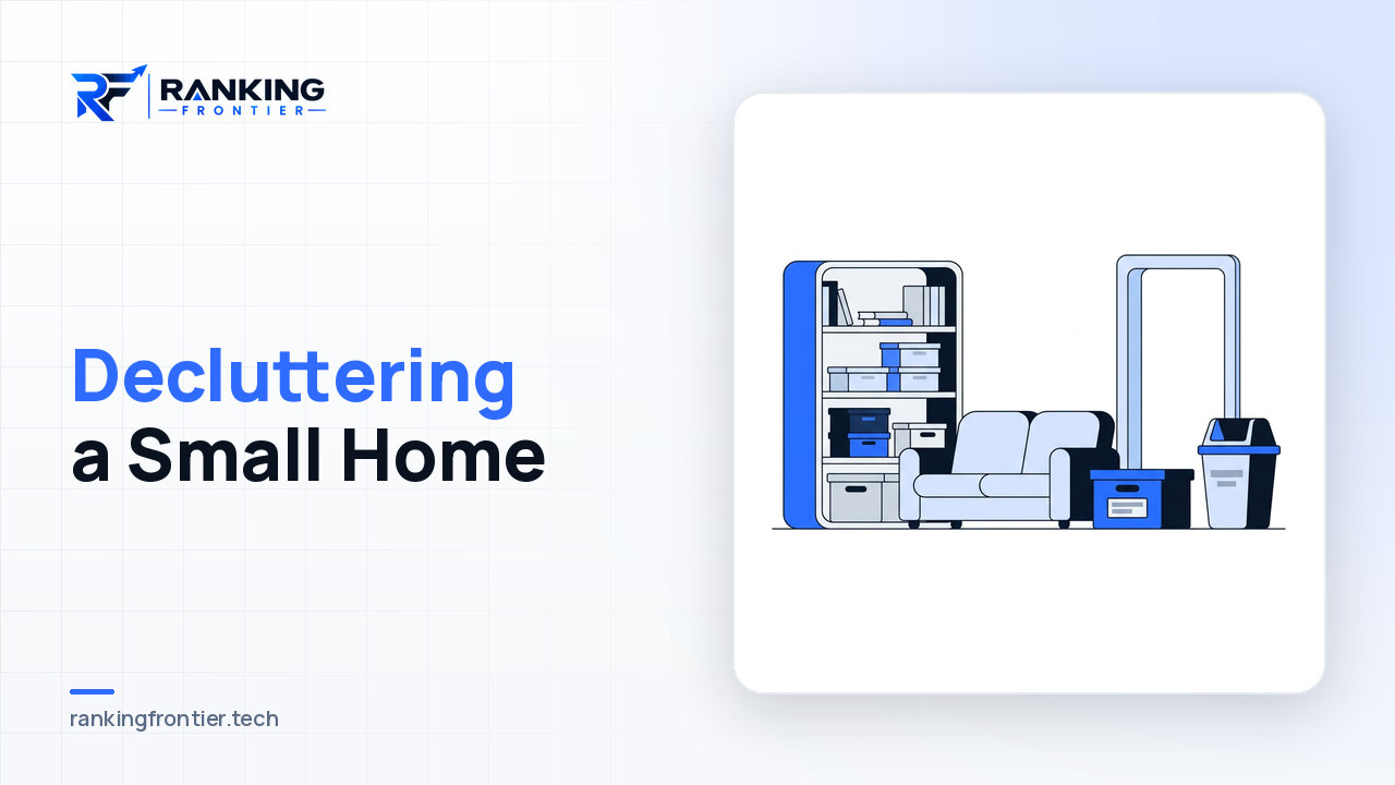Illustration of a tidy small room with neat storage boxes, a donation box and a recycling bin, representing decluttering a small home room by room