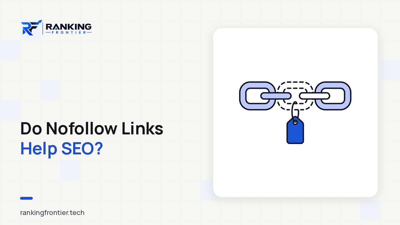 Illustration of a three-link chain in which the middle link is drawn with a dashed outline and carries a small blue price tag, representing a nofollow or sponsored link that is marked rather than fully counted