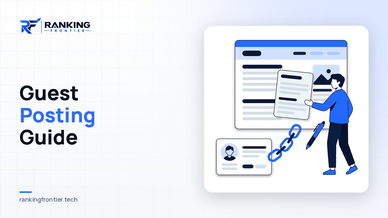 Illustration of an author handing an article to a publisher website that links back to the author's site, representing guest posting