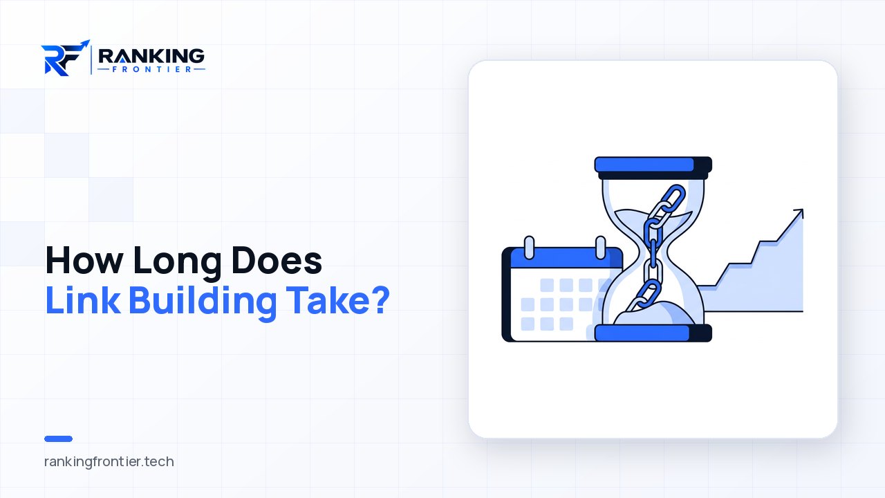 Illustration of an hourglass with chain links flowing through it beside a calendar and a line chart rising in steps, representing how long link building takes to affect rankings