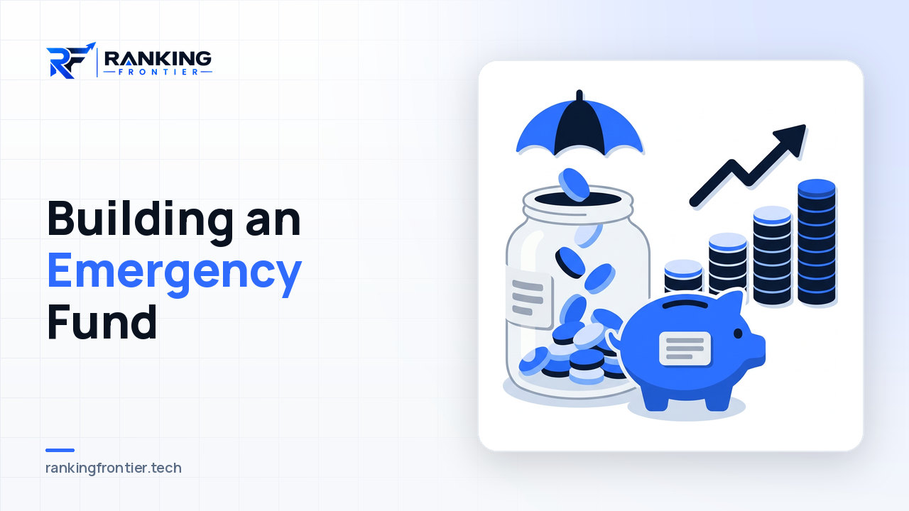 Illustration of a jar filling with coins under an umbrella beside a piggy bank and growing coin stacks, representing building an emergency fund