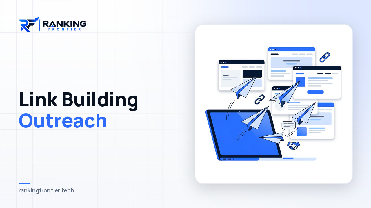 Illustration of email paper planes flying from a laptop to websites with replies coming back and a handshake, representing link building outreach