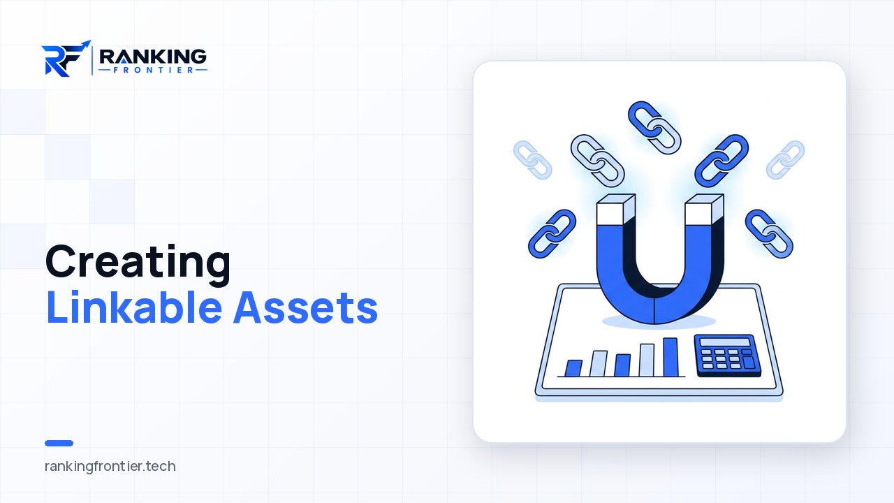 Illustration of a magnet attracting chain-link icons while standing on a document with a bar chart and a calculator, representing content that attracts backlinks