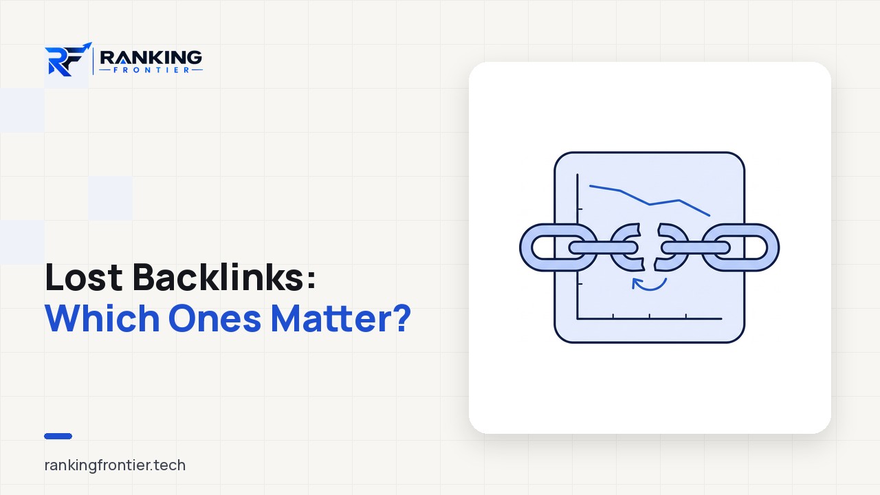 Illustration of a declining referring-domains line chart beside a chain whose middle link has broken apart, with a small redirect arrow restoring the connection, representing lost backlinks and recovering the ones worth keeping