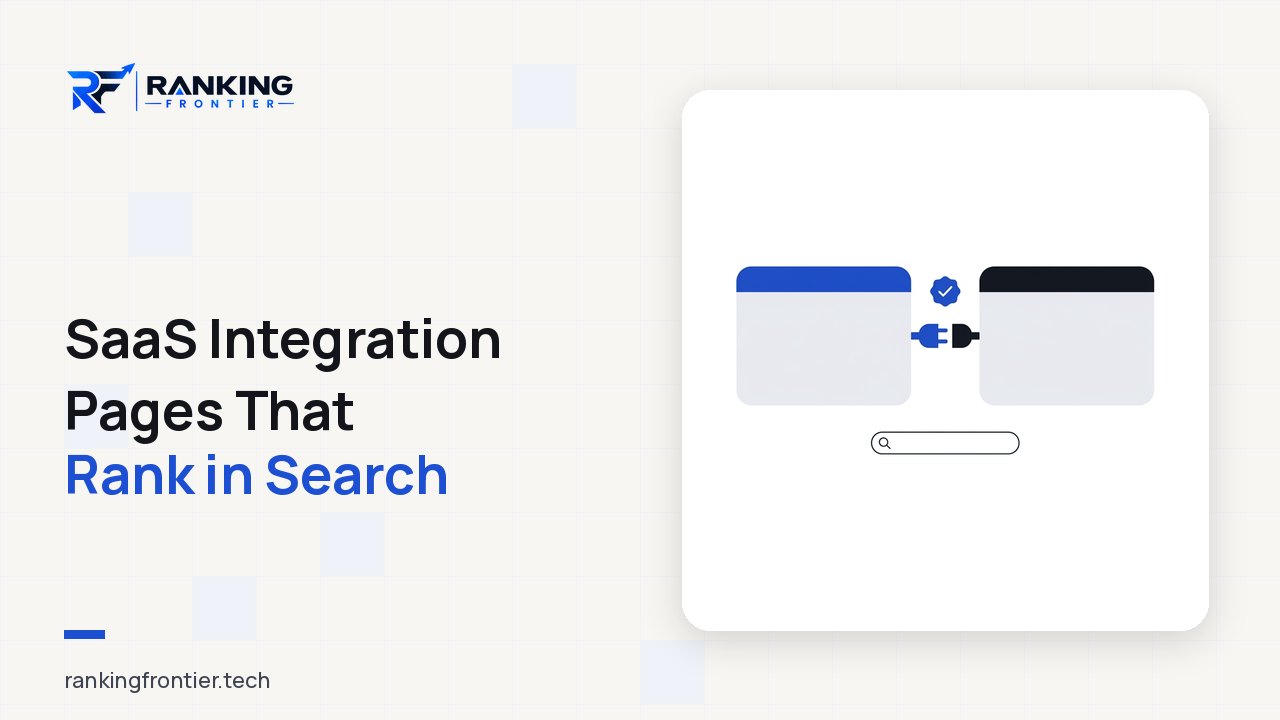 Illustration of two software application windows, one with a blue header and one with a dark header, joined by a plug-and-socket connector with a checkmark badge, above a small search bar, representing a SaaS integration page built to rank in search.