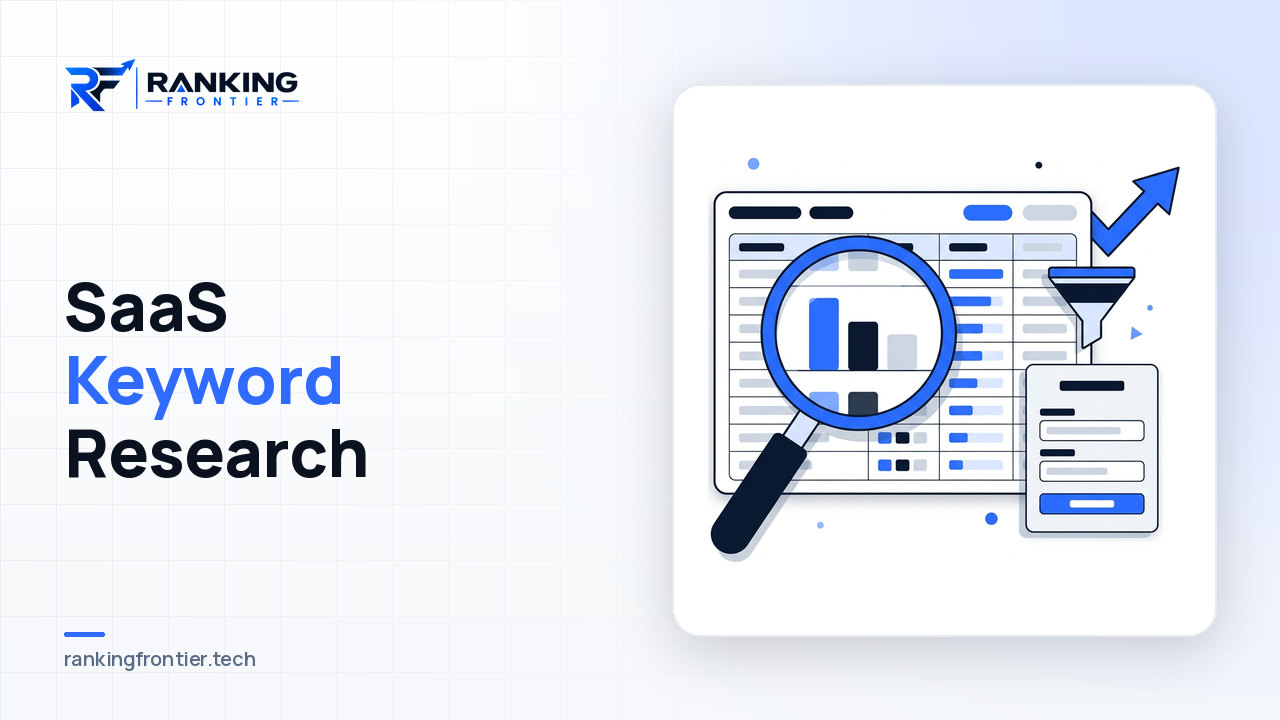 Illustration of a magnifying glass over a keyword table with a funnel and a signup form, representing SaaS keyword research that drives signups
