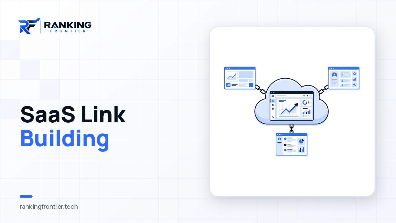 Illustration of a cloud-shaped software dashboard connected by chain links to three smaller website windows, with a rising chart on the dashboard, representing SaaS link building