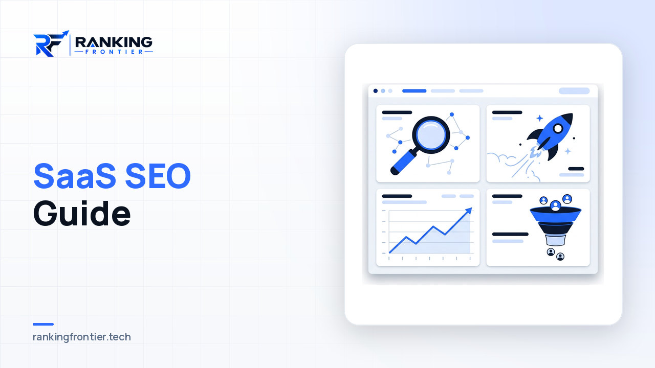 Illustration of a software dashboard with a magnifying glass, a rocket, a growth chart and a funnel, representing a SaaS SEO guide