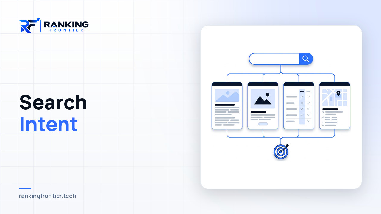 Illustration of a search bar branching into different page types with a target icon, representing matching pages to search intent