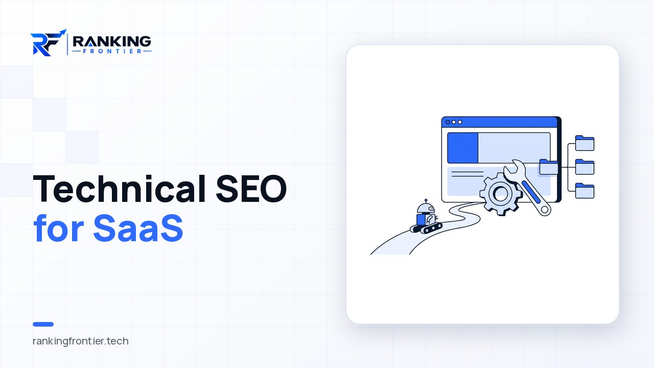 Illustration of a website browser window with a gear and wrench, a folder tree diagram and a small crawler robot following a path, representing technical SEO for SaaS websites
