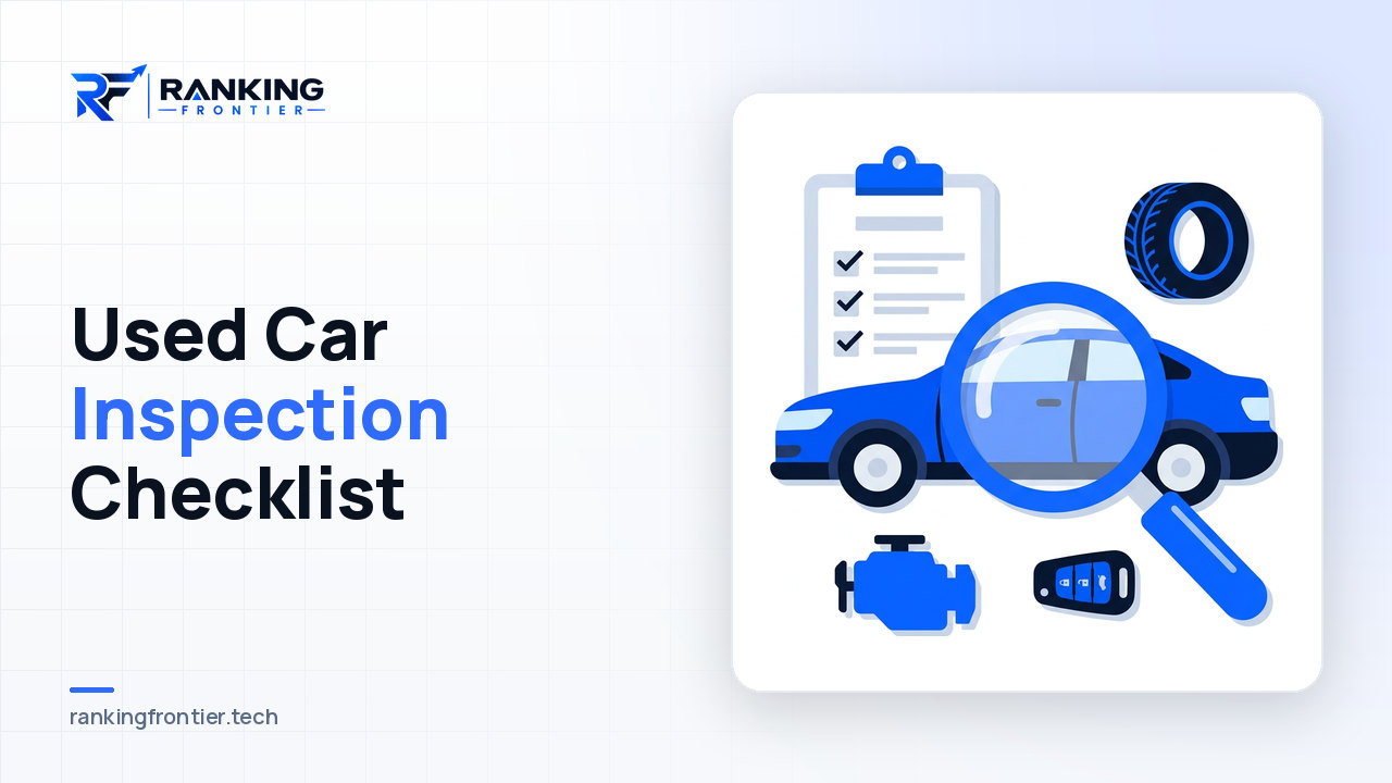 Illustration of a car under a magnifying glass beside an inspection checklist with tyre, engine and key icons, representing a used car inspection checklist