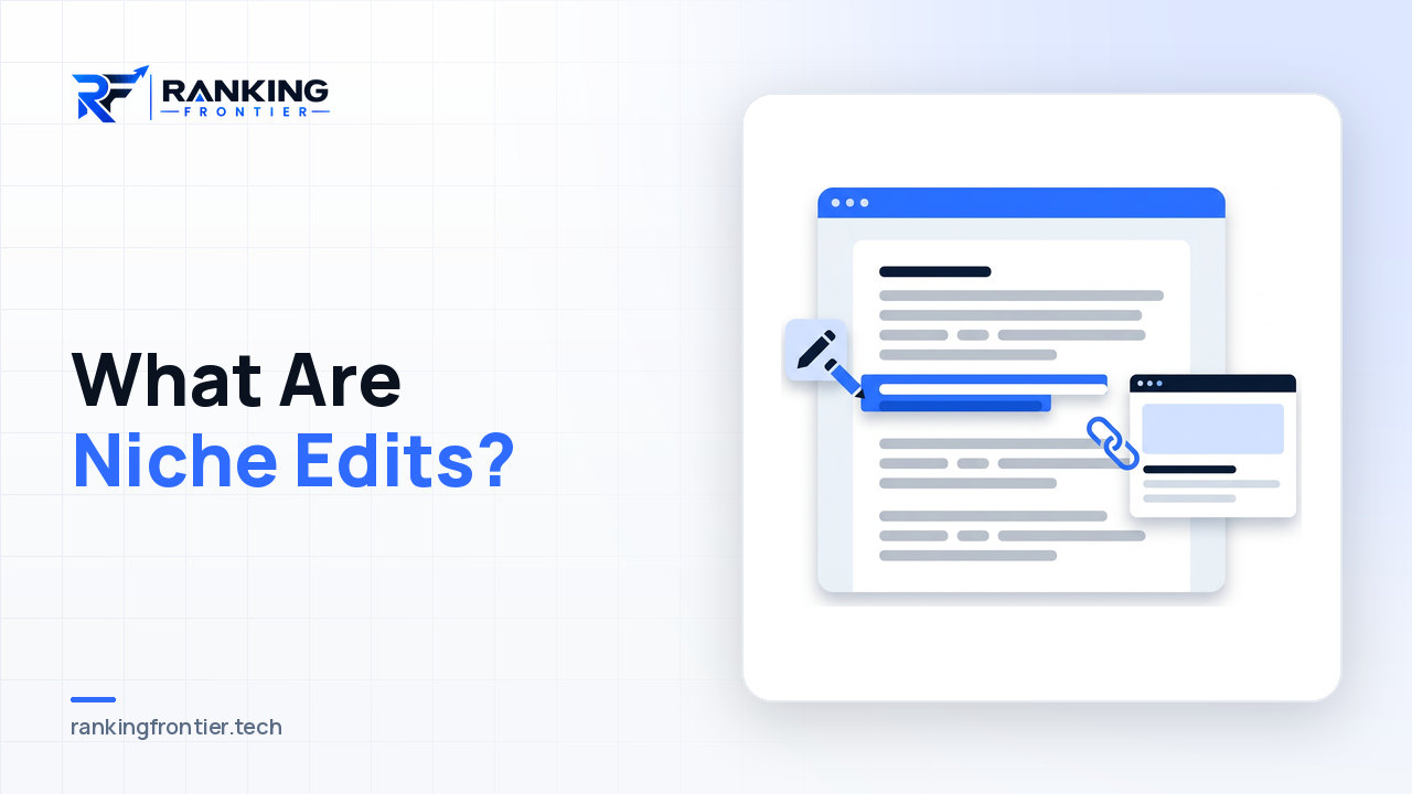 Illustration of a pencil inserting a highlighted link into an existing article that connects to another website, representing niche edits