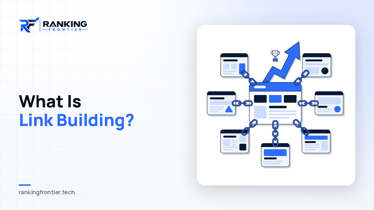Illustration of several websites linking to a central website with a growth arrow, representing what link building is
