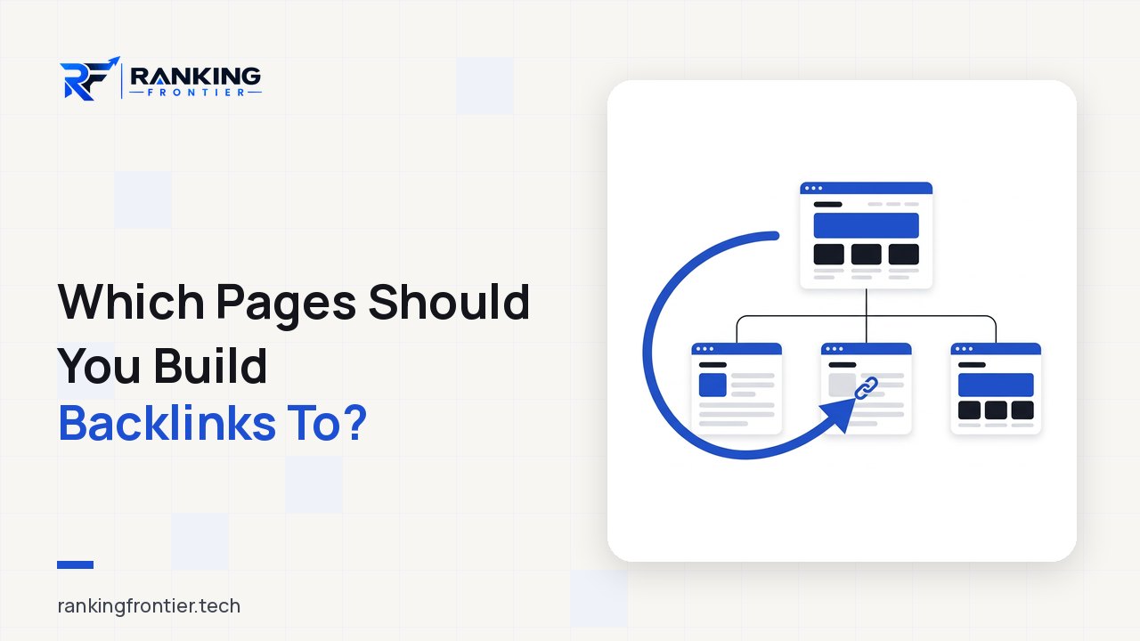Illustration of a simple website sitemap with a homepage card above three inner-page cards, and a large blue arrow bypassing the homepage to point a chain-link icon at one of the inner pages, representing choosing a specific page as a backlink target.